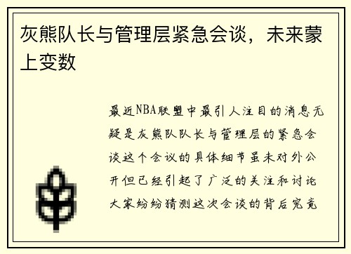 灰熊队长与管理层紧急会谈，未来蒙上变数